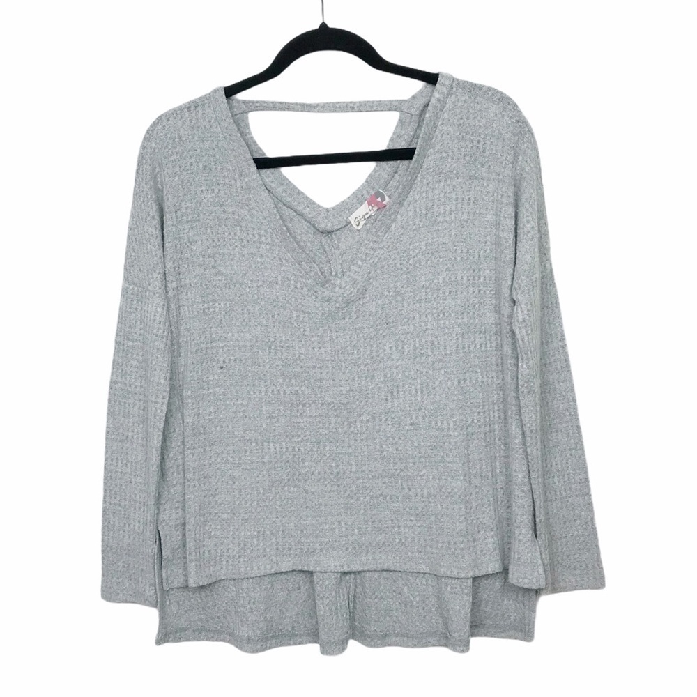 Signify Gray V Neck Cut Out Waffle Knit Sweater
